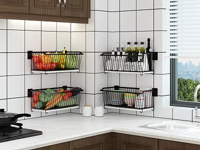 Kitchen Storage Baskets On White Tiled Wall With Fruits Vegetables Bottles Cabinets And Countertop 3d model