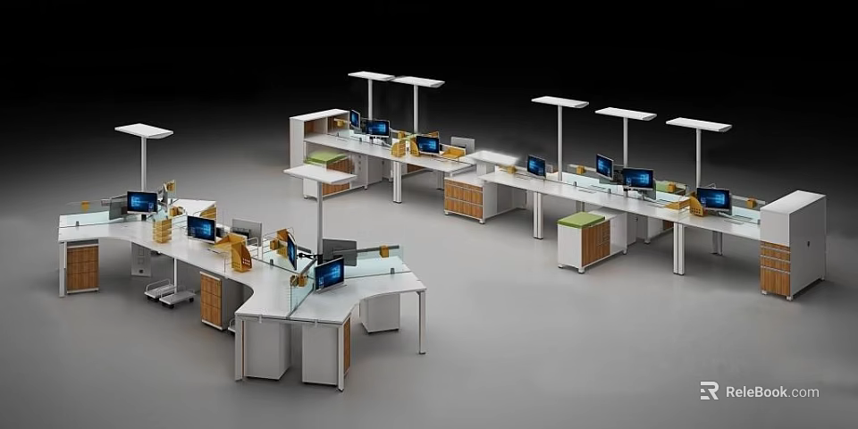 Modern Office Workstations With Multiple Desks Computers Lighting And Partition Design 3d model 