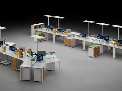 Modern Office Workstations With Multiple Desks Computers Lighting And Partition Design 3d model