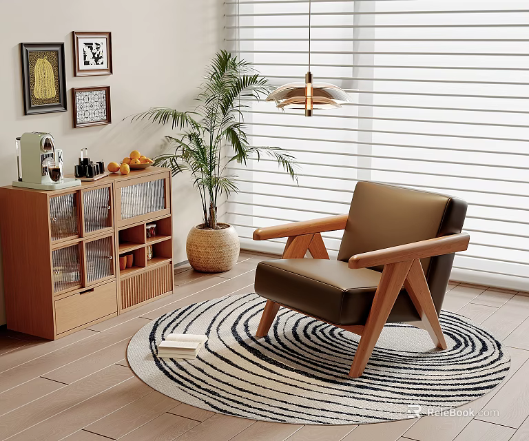 Comfortable Leather Leisure Chair with Wooden Arms on Spiral Rug Near Green Plant and Cabinet 3d model 