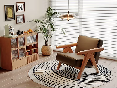 Comfortable Leather Leisure Chair with Wooden Arms on Spiral Rug Near Green Plant and Cabinet 3d model