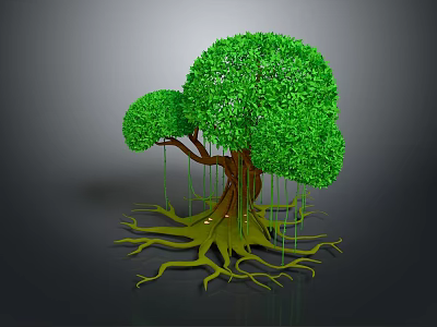 Detailed 3D Model Tree Featuring Brown Trunk Green Canopy and Yellow Aerial Roots 3d model