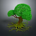 Detailed 3D Model Tree Featuring Brown Trunk Green Canopy and Yellow Aerial Roots