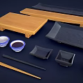 Tableware Set Featuring Wooden Trays Ceramic Bowls Chopsticks and Small Dishes