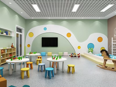 Kindergarten Classroom With Light Green Walls Colorful Dots Round Tables And Play Equipment 3d model