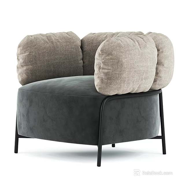 Modern Gray Fabric Single Sofa With Large Cushions And Black Metal Legs 3d model 
