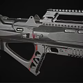 Modern Tactical Rifle With Black Metal Build Red Accent Details And Textured Barrel Design