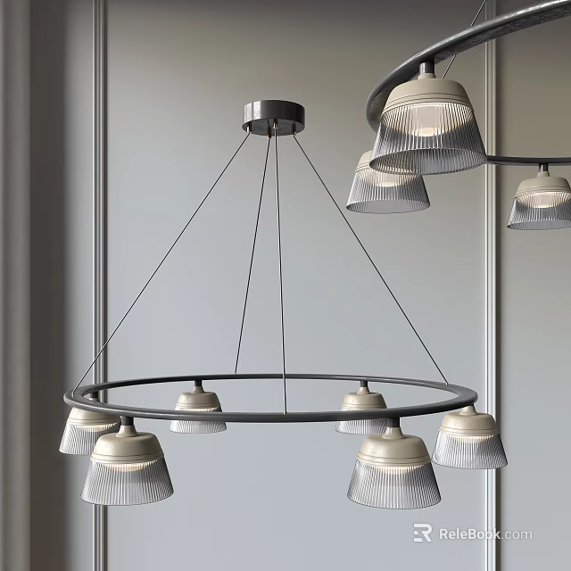 Modern Circular Chandelier Design With Six Textured Glass Shades And Metal Frame 3d model 