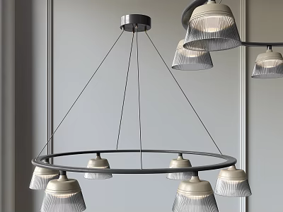 Modern Circular Chandelier Design With Six Textured Glass Shades And Metal Frame 3d model