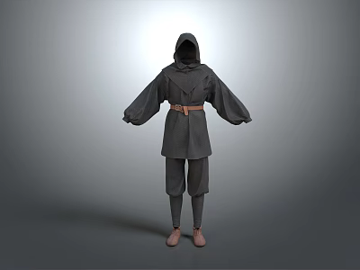 Simple Style Gray Hooded Robe With Brown Belt Wide Sleeves Pants And Light Colored Shoes 3d model