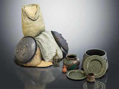 Traditional Vintage Artifacts Including Cloth Bag Decorative Lids Jars And Brass Lamp 3d model