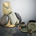 Traditional Vintage Artifacts Including Cloth Bag Decorative Lids Jars And Brass Lamp