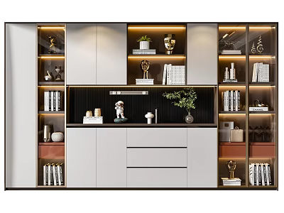 Modern Bookcase With Open Closed Storage Featuring Books Trophies Green Plant And Decorative Items 3d model