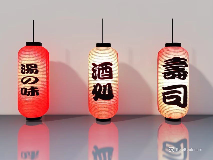 Traditional Japanese Side Hung Door With Red Lanterns For Sushi Restaurant 3d model 