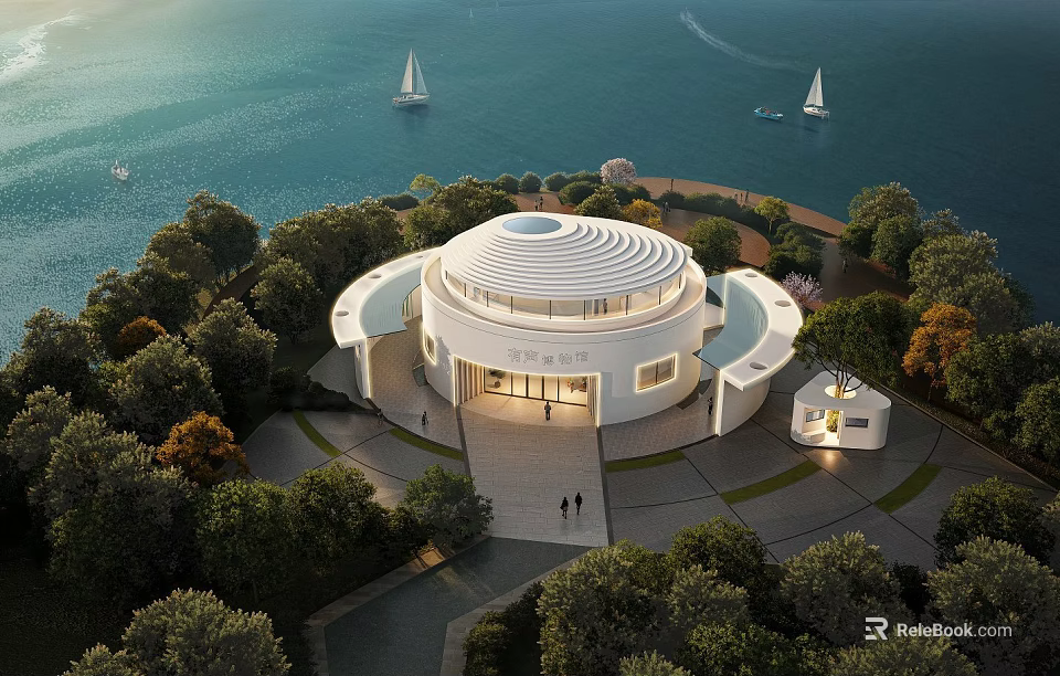 Modern Museum Building with Circular Roof and White Exterior Amid Trees Near Water with Sailboats 3d model