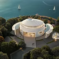 Modern Museum Building with Circular Roof and White Exterior Amid Trees Near Water with Sailboats 3d model