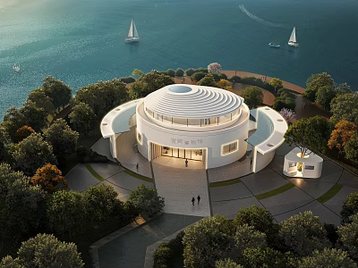 Modern Museum Building with Circular Roof and White Exterior Amid Trees Near Water with Sailboats 3d model