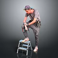 Man Wearing Goggles Using Power Drill On Step Ladder With Tool Belt 3d model