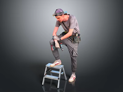 Man Wearing Goggles Using Power Drill On Step Ladder With Tool Belt 3d model