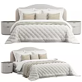 Double Bed With Upholstered Headboard Textured Quilt Neutral Pillows And Nightstand 3d model