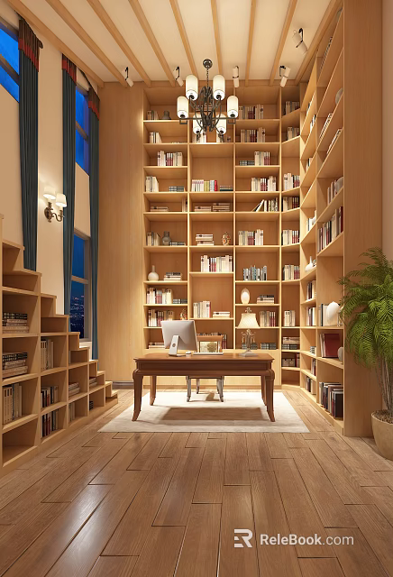 Elegant Study Room Interior With Wooden Bookshelves Computer Desk And Potted Plant 3d model 