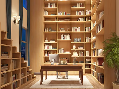 Elegant Study Room Interior With Wooden Bookshelves Computer Desk And Potted Plant 3d model