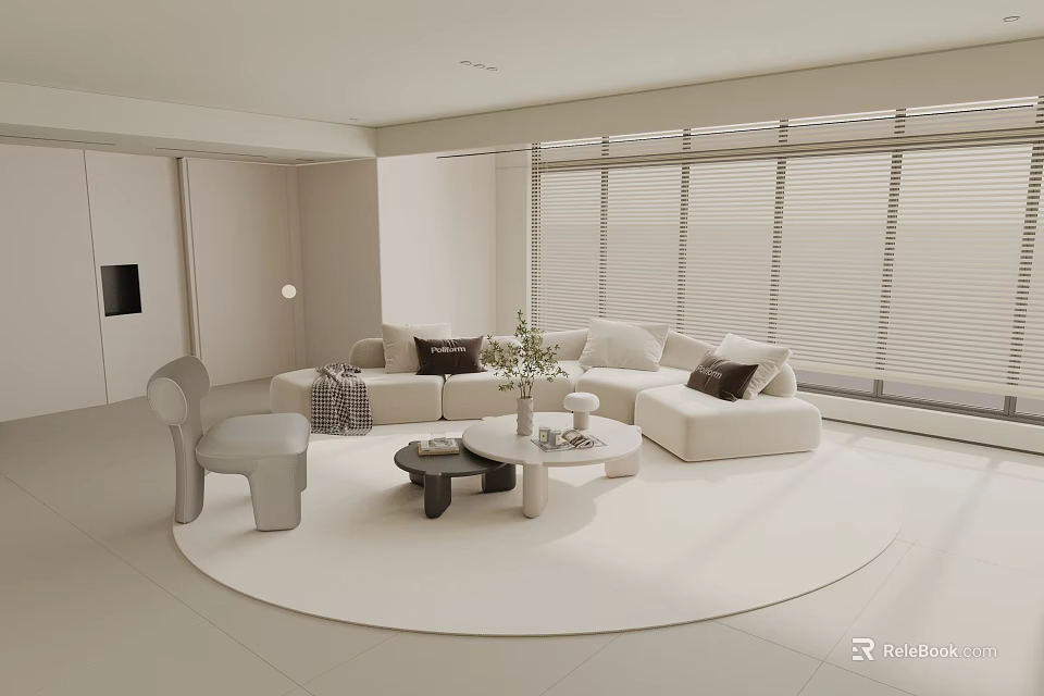 Modern Cozy Cream Tone Living Room With Sectional Sofa Round Rug And Large Shutter Windows 3d model 