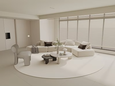 Modern Cozy Cream Tone Living Room With Sectional Sofa Round Rug And Large Shutter Windows 3d model