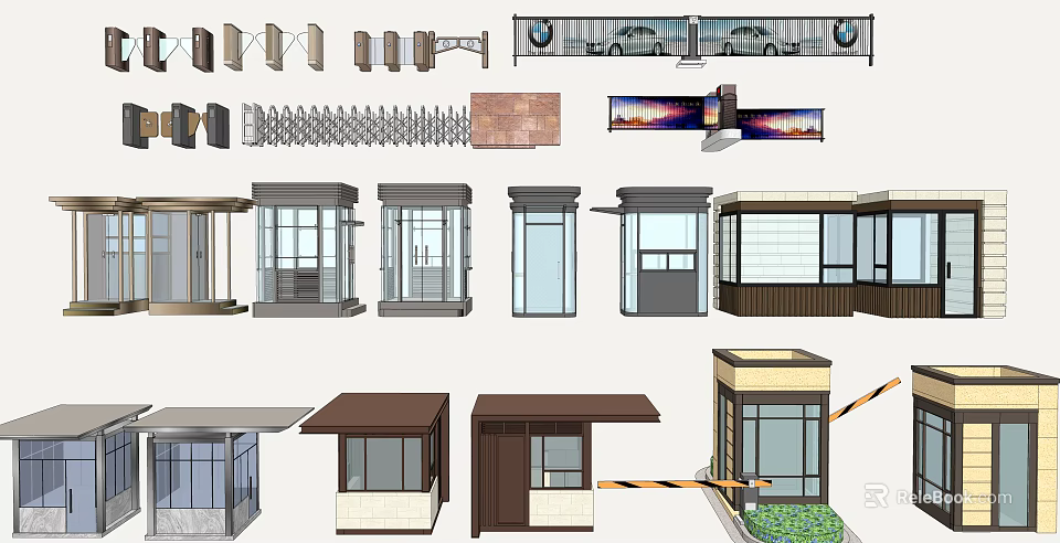 Various Architectural Structure Designs With Security Booths Glass Canopies And Metal Railings 3d model 