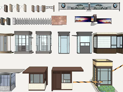 Various Architectural Structure Designs With Security Booths Glass Canopies And Metal Railings 3d model