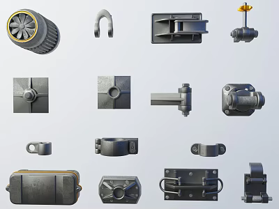 Industrial Equipment Parts Assortment With Connectors Valves Hinges Hooks And Fastening Components 3d model