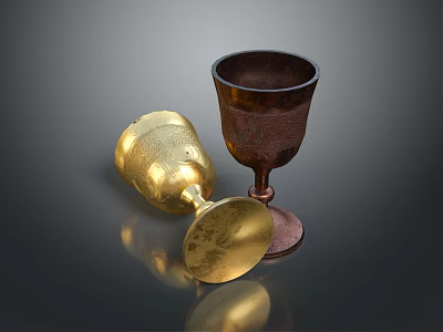 Shiny Gold And Brown Metal Cups One Tilted One Standing On Dark Background 3d model