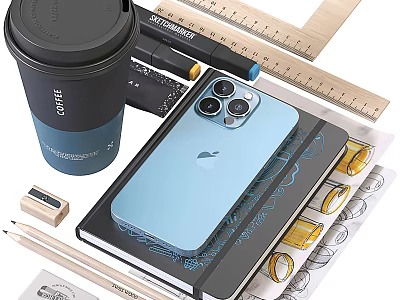 Stylish Desktop Decorative Ornament Set With Coffee Cup Phone Notebook Ruler Pencil And Eraser 3d model