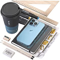 Stylish Desktop Decorative Ornament Set With Coffee Cup Phone Notebook Ruler Pencil And Eraser
