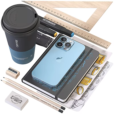 Stylish Desktop Decorative Ornament Set With Coffee Cup Phone Notebook Ruler Pencil And Eraser 3d model