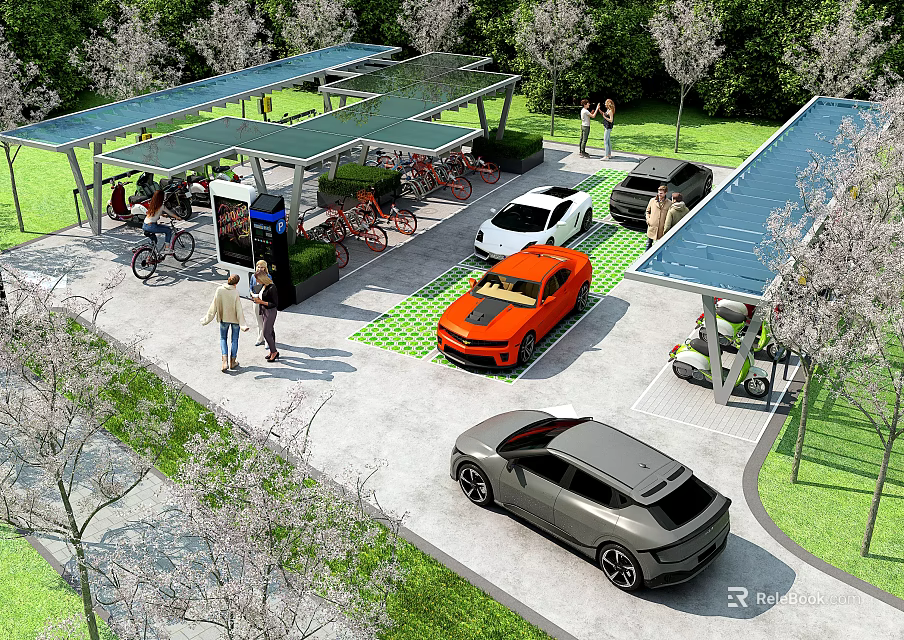 Solar Covered Modern Parking Lot With EV Charging Stations Landscaped Areas And Parked Cars 3d model 