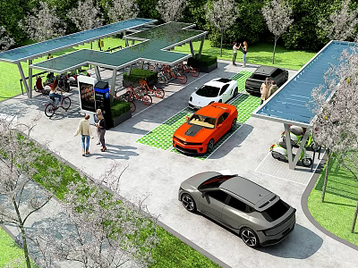 Solar Covered Modern Parking Lot With EV Charging Stations Landscaped Areas And Parked Cars 3d model
