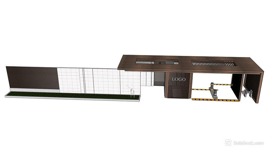 Modern Entrance Gate With Logo Sign Fence Roof Structure And Security Personnel 3d model 
