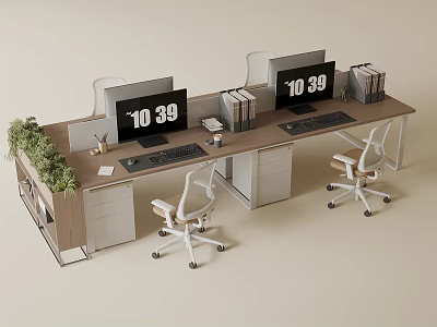 Modern Office Desk Setup With Computer Monitors Office Chairs Books And Potted Plants 3d model