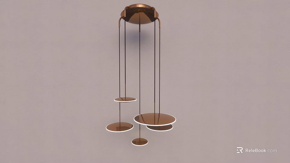 Modern Copper Chandelier With Multiple Round Suspended Discs And Thin Hanging Rods 3d model 