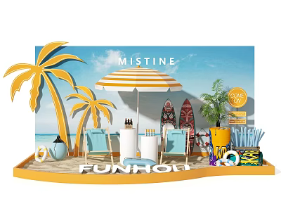 MISTINE Beach Themed Window Display with Palms Striped Umbrella Surfboards Blue Chairs and Funhouse 3d model