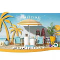 MISTINE Beach Themed Window Display with Palms Striped Umbrella Surfboards Blue Chairs and Funhouse