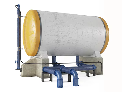 Industrial Equipment Tank With White Yellow Body And Blue Pipes On Concrete Base 3d model