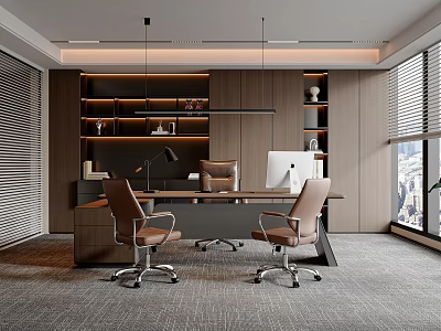 Modern Office Interior Design with Wooden Shelves Large Windows Desk Office Chairs and Computer Monitor 3d model