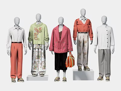 Fashion Mannequins Wearing Various Styled Clothing With Colorful Coats Sweaters Pants And Handbag 3d model