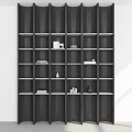 Modern Black Shelving Unit With Multiple Compartments And Decorative Items In Minimalist Room