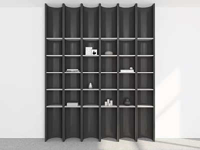 Modern Black Shelving Unit With Multiple Compartments And Decorative Items In Minimalist Room 3d model