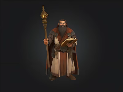 Bearded Wizard Character In Robe Holding Lantern Staff And Ancient Tome 3d model