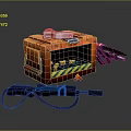Vibrant Orange Wooden Crate With Assorted Weapons Blaster Gun And Tools
