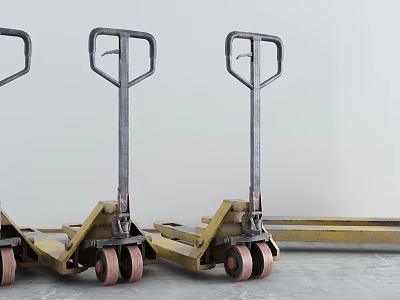 Row Of Industrial Pallet Jacks With Metal Handles And Wheels 3d model